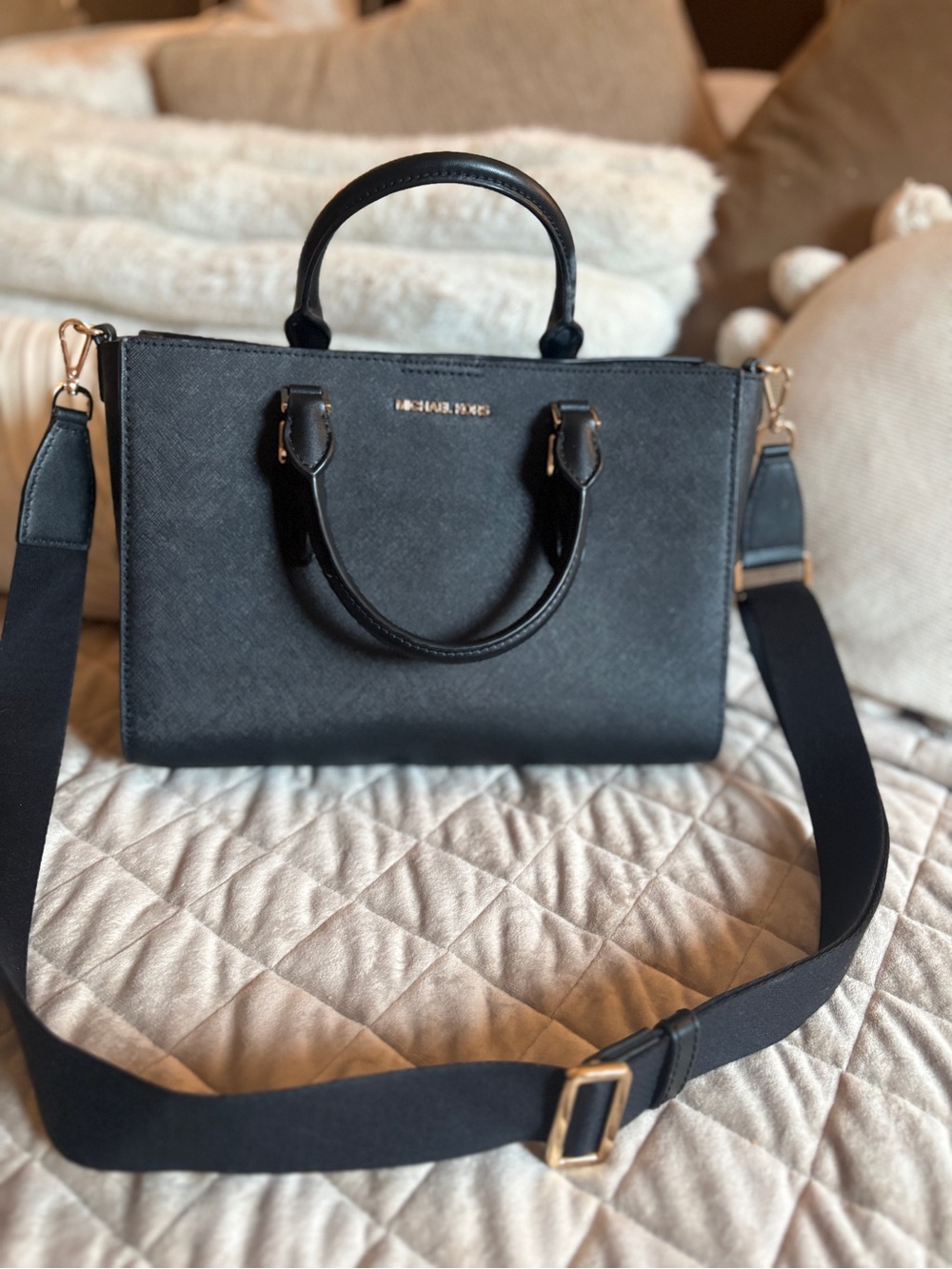 Michael Kors Black Saffiano Satchel with Wide Strap
